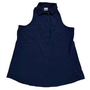 The Bubble Polo Halter Button Front Activewear Top in Navy Blue Size Small
